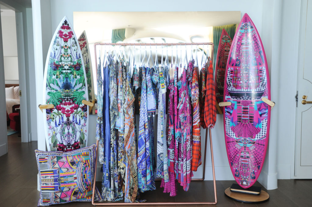 swim week, camilla swimwear, surf boards, and pillows at faena 
